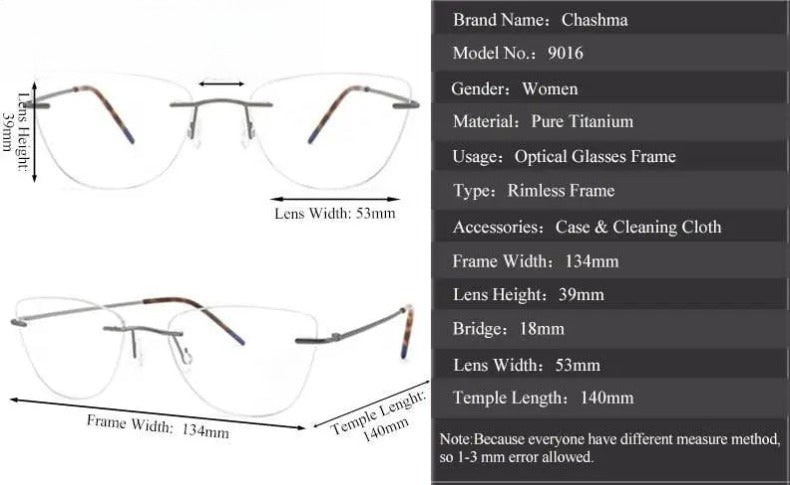 Unisex Cat Eye Rimless Titanium Prescription Glasses 9016 — view 10 | Rx Spectacle
