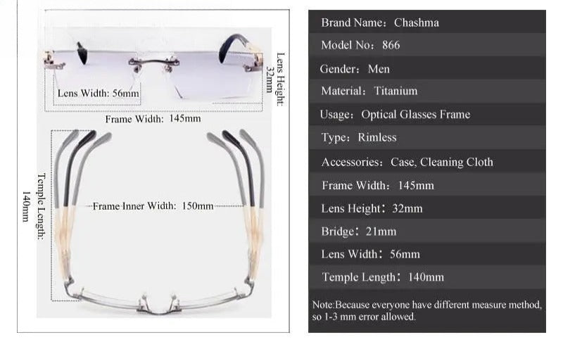Men's Square Rimless Titanium Prescription Glasses 886 — view 10 | Rx Spectacle