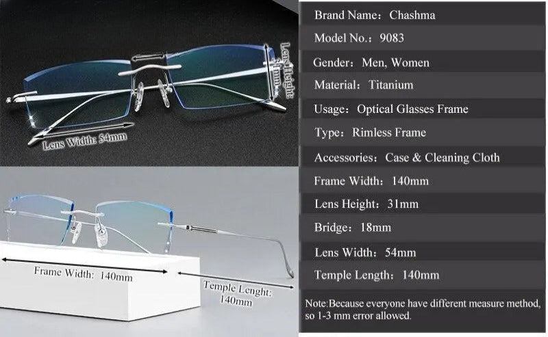 Men's Square Rimless Titanium Prescription Glasses 9083 — view 8 | Rx Spectacle