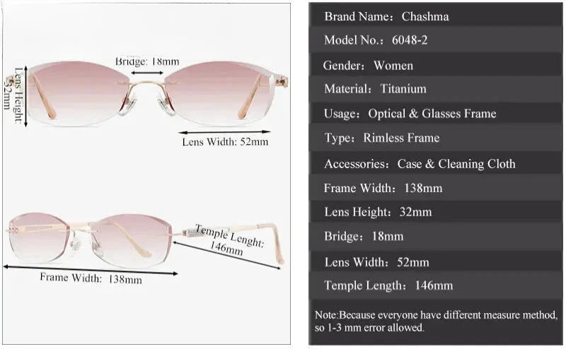 Women's Square Rimless Titanium Prescription Glasses 6048 — view 7 | Rx Spectacle