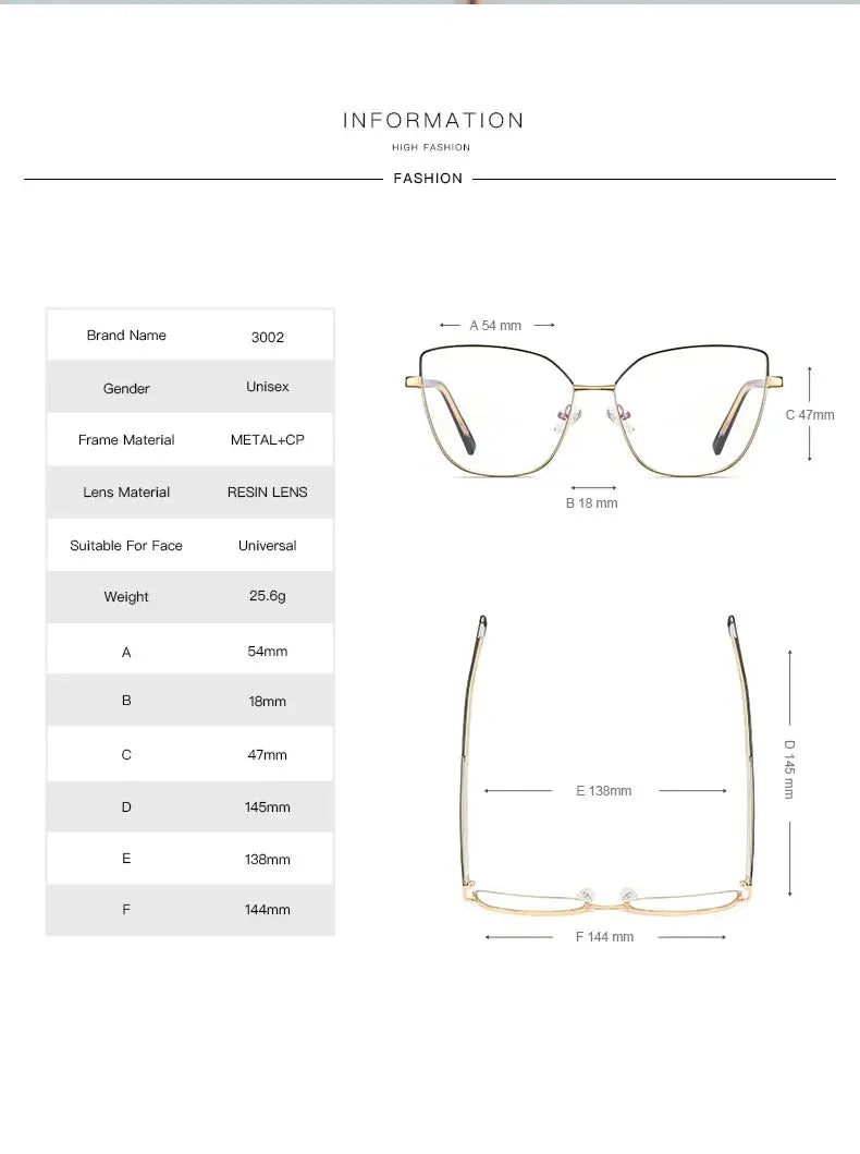 Women's Cat Eye Full Rim Alloy Prescription Glasses 3002 — view 13 | Rx Spectacle