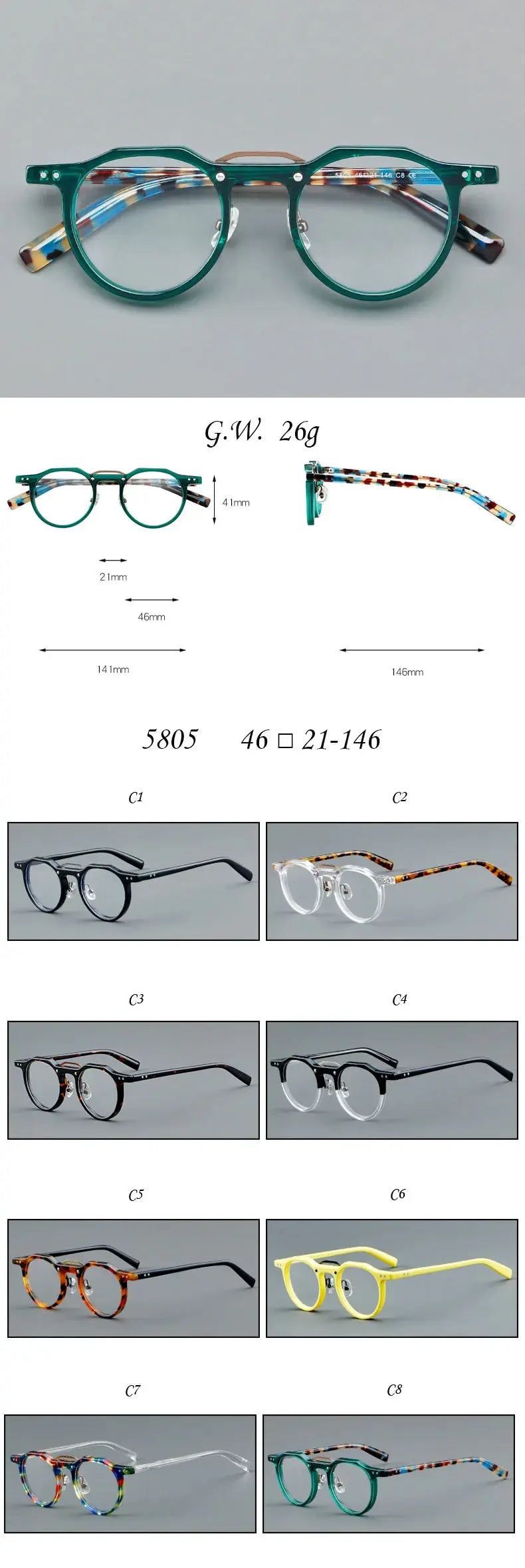Unisex Round Full Rim Acetate Prescription Glasses Y5805 — view 14 | Rx Spectacle