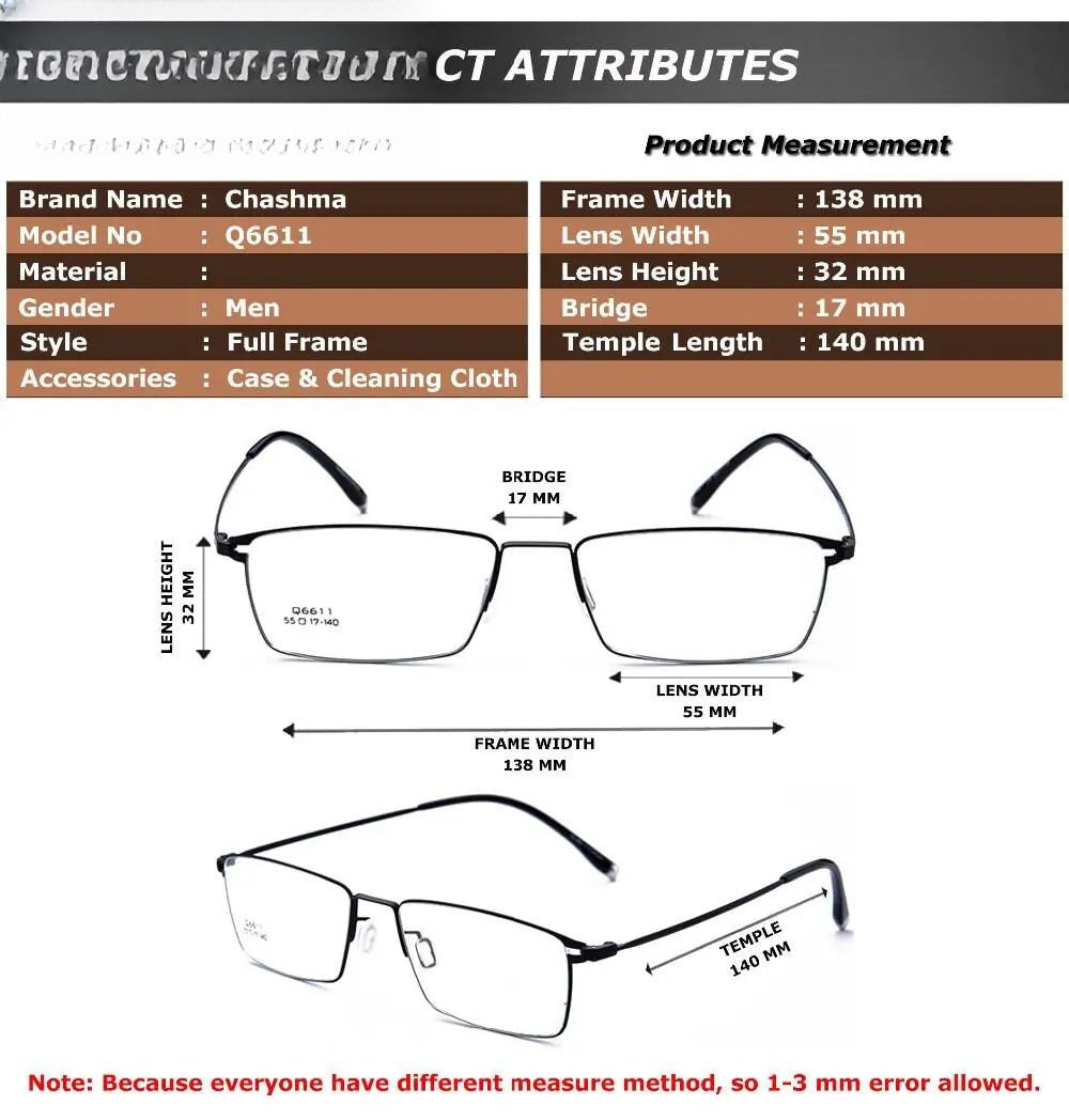 Men's Square Full Rim Titanium Prescription Glasses 6611 — view 9 | Rx Spectacle