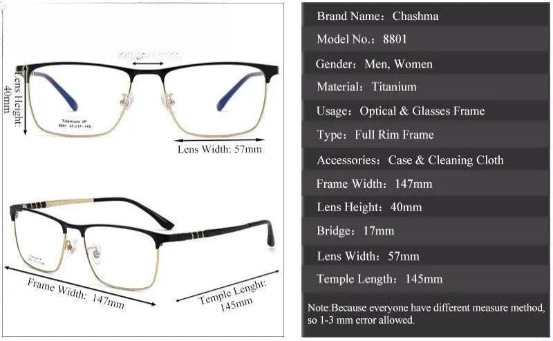 Men's Square Full Rim Titanium Prescription Glasses 8801 — view 11 | Rx Spectacle