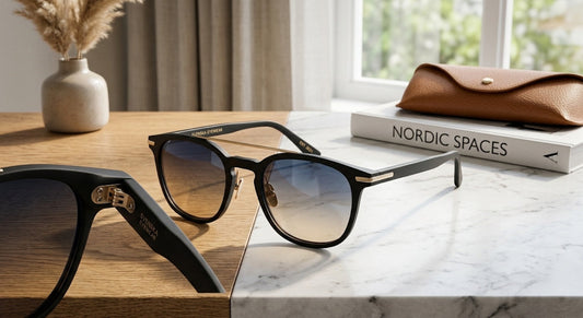 Luxury sunglasses with polarized gradient lenses on oak wood and marble table - Rx Spectacle
