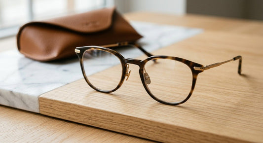 Stylish tortoise acetate prescription eyeglasses with clear custom lenses resting on a minimalist marble table - Rx Spectacle