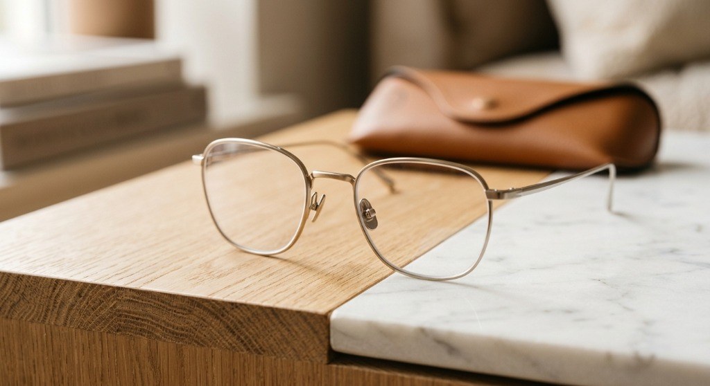 Modern titanium prescription eyeglasses resting beside an optical prescription measurement guide - Rx Spectacle