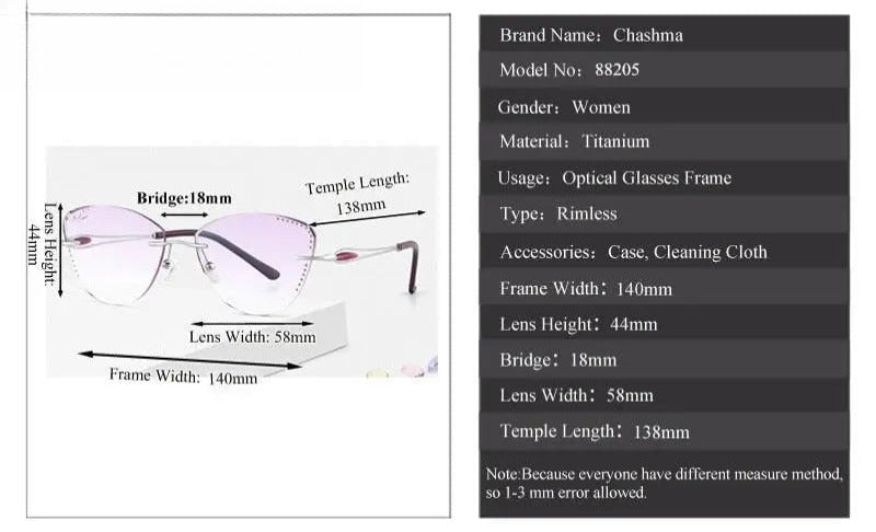 Women's Cat Eye Rimless Titanium Prescription Glasses 88205 — view 7 | Rx Spectacle