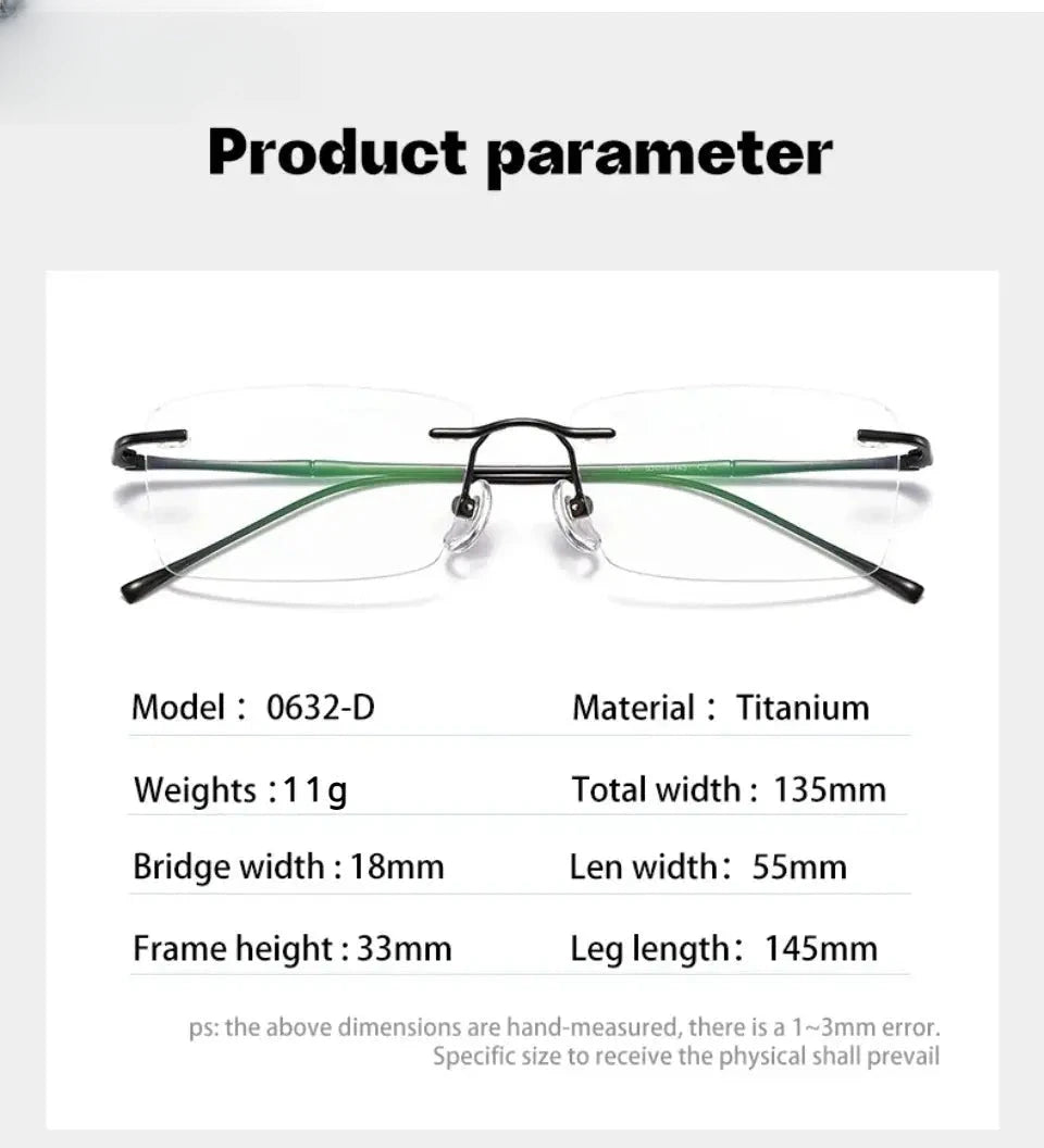 Unisex Rectangular Rimless Titanium Reading Glasses V6032 — view 5 | Rx Spectacle