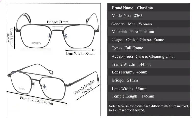 Unisex Square Full Rim Titanium Double Bridge Prescription Glasses 83654 — view 3 | Rx Spectacle