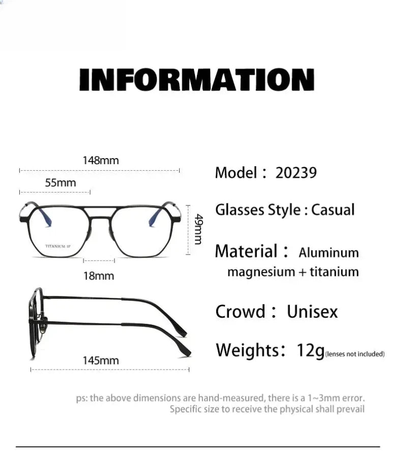 Unisex Square Full Rim Titanium Double Bridge Prescription Glasses V2239 — view 12 | Rx Spectacle