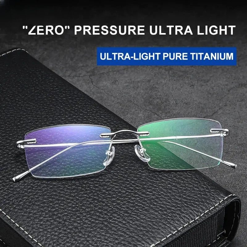 Unisex Rectangular Rimless Titanium Reading Glasses V6032 — view 3 | Rx Spectacle