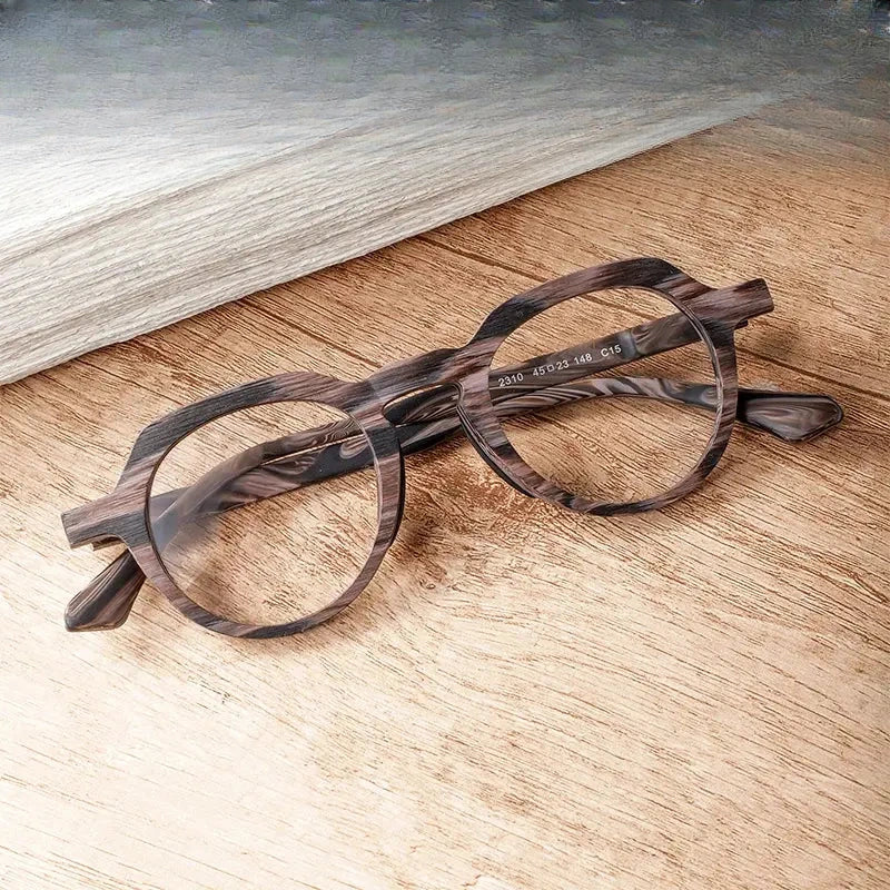 Unisex Round Full Rim Wood Flat Top Prescription Glasses 2310 — view 1 | Rx Spectacle