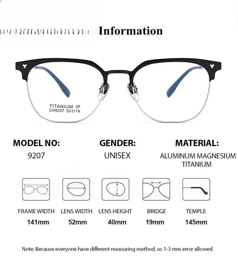 Unisex Square Full Rim Titanium Prescription Glasses 9207 — view 9 | Rx Spectacle