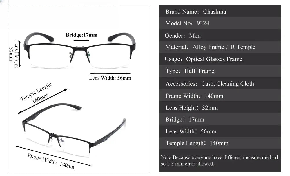 Men's Square Semi-Rimless Alloy Clip-On Prescription Glasses 9324 — view 2 | Rx Spectacle