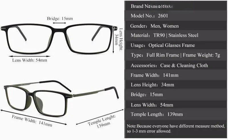 Unisex Square Full Rim TR90 Prescription Glasses 2601 — view 10 | Rx Spectacle