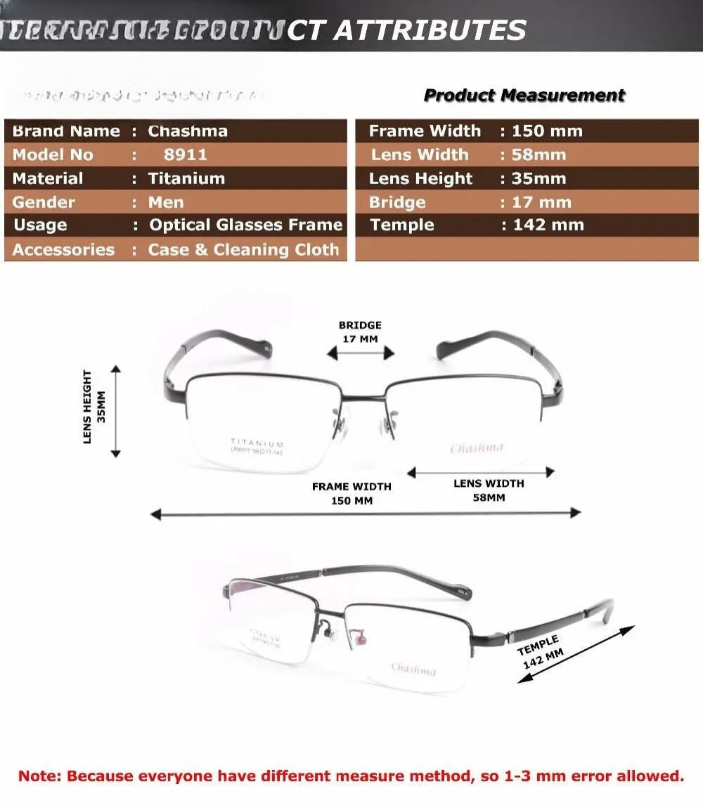 Square Semi-Rimless Titanium Oversized Prescription Glasses 8911 — view 11 | Rx Spectacle