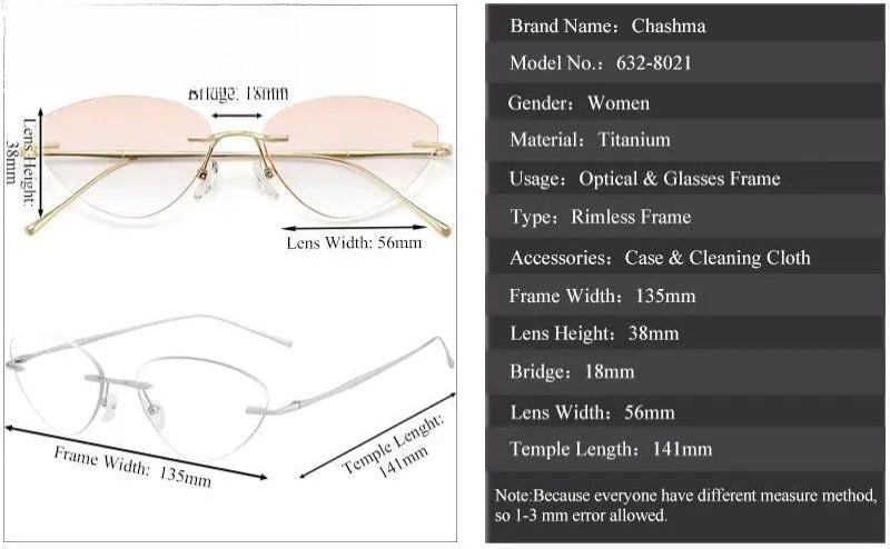 Unisex Cat Eye Rimless Titanium Prescription Glasses 632 — view 9 | Rx Spectacle