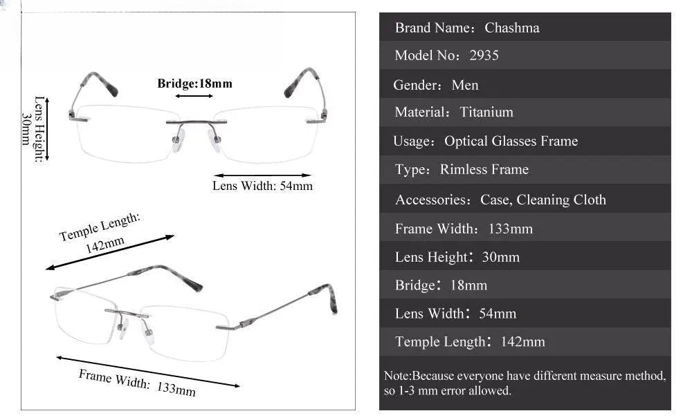 Unisex Square Rimless Titanium Prescription Glasses 2935 — view 10 | Rx Spectacle