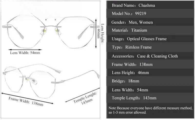 Women's Irregular Rimless Titanium Prescription Glasses 99219 — view 4 | Rx Spectacle