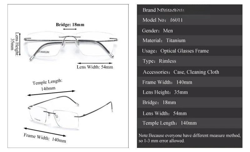 Unisex Square Rimless Titanium Prescription Glasses 16011 — view 14 | Rx Spectacle