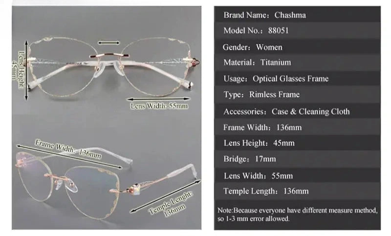 Women's Cat Eye Rimless Titanium Prescription Glasses 88051 — view 2 | Rx Spectacle