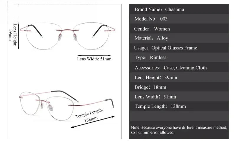 Women's Cat Eye Rimless Titanium Prescription Glasses 871003 — view 3 | Rx Spectacle