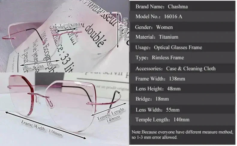 Women's Cat Eye Rimless Titanium Prescription Glasses 60744 — view 2 | Rx Spectacle