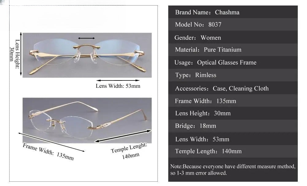 Women's Rimless Titanium Prescription Glasses 8037 — view 3 | Rx Spectacle
