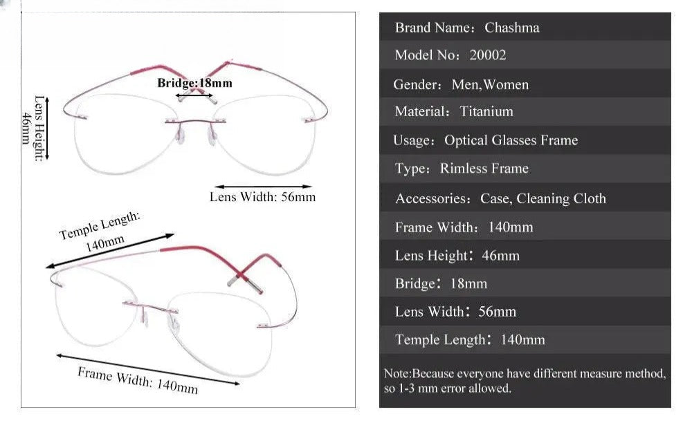 Unisex Irregular Rimless Titanium Prescription Glasses 20002 — view 14 | Rx Spectacle
