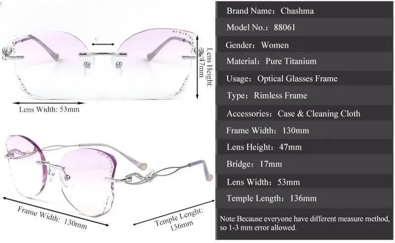 Women's Butterfly Rimless Titanium Prescription Glasses 88061 — view 10 | Rx Spectacle