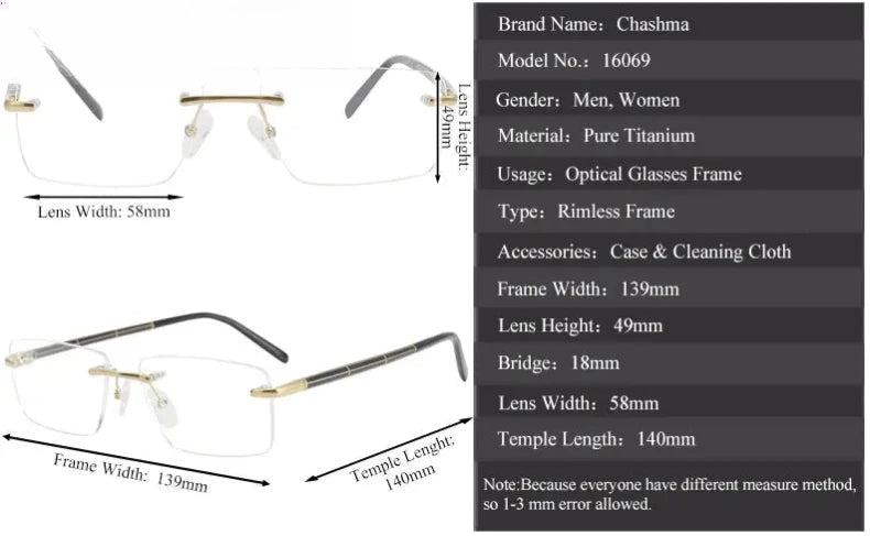 Unisex Square Rimless Titanium Prescription Glasses 16069 — view 3 | Rx Spectacle