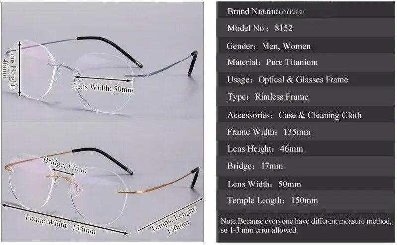 Unisex Round Rimless Titanium Prescription Glasses 8151 — view 10 | Rx Spectacle