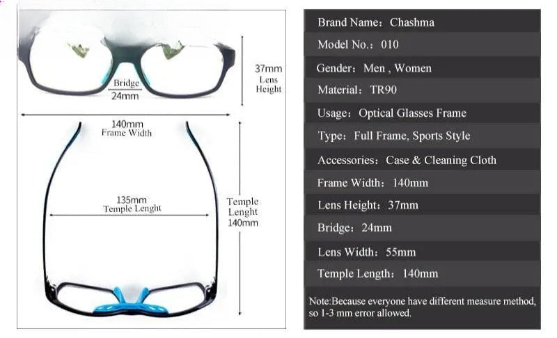 Unisex Square Full Rim TR90 Sports Glasses 010 — view 19 | Rx Spectacle