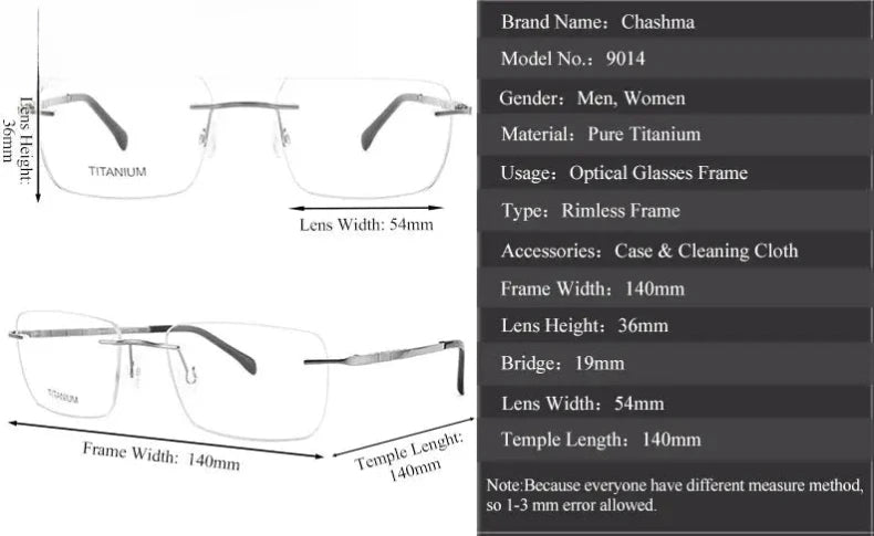 Unisex Square Rimless Titanium Prescription Glasses 90144 — view 3 | Rx Spectacle