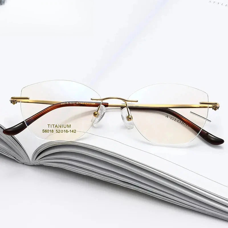 Women's Cat Eye Rimless Titanium Prescription Glasses 6018 — view 1 | Rx Spectacle