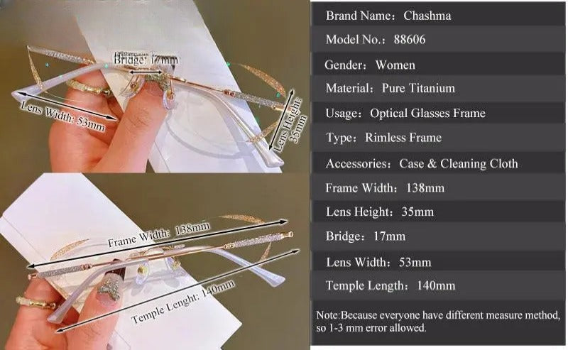Women's Rectangular Rimless Titanium Prescription Glasses 88606 — view 9 | Rx Spectacle