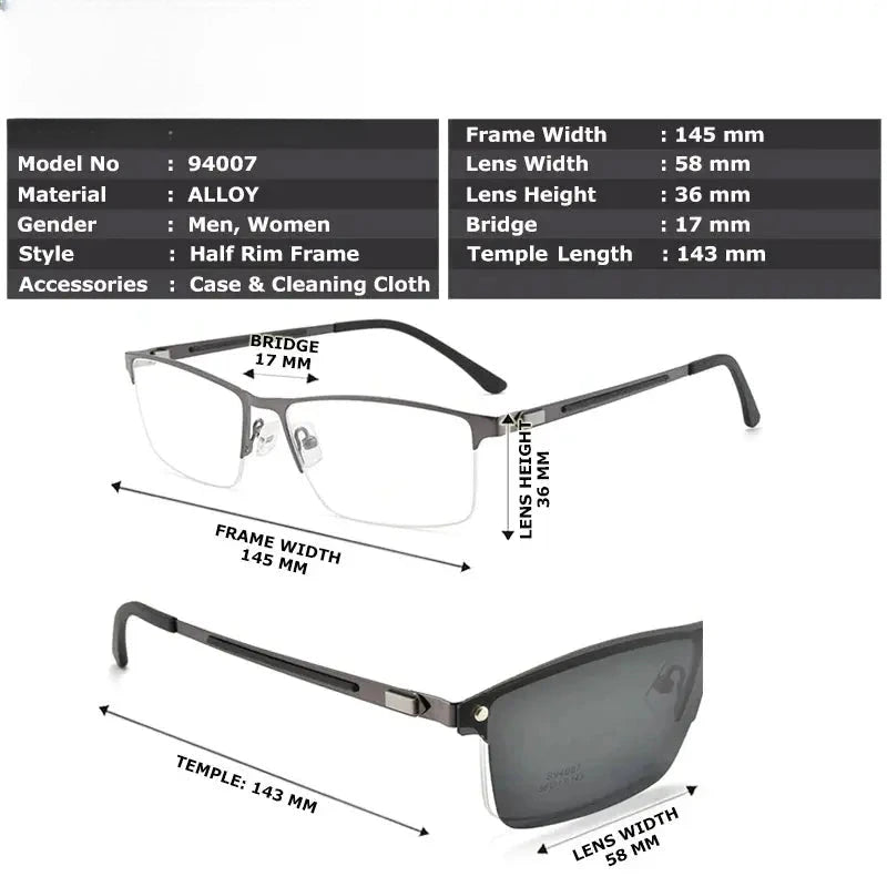 Men's Square Semi-Rimless Alloy Clip-On Prescription Glasses 940076 — view 2 | Rx Spectacle