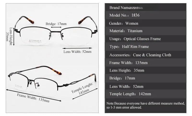 Women's Square Semi-Rimless Titanium Prescription Glasses 1836 — view 11 | Rx Spectacle