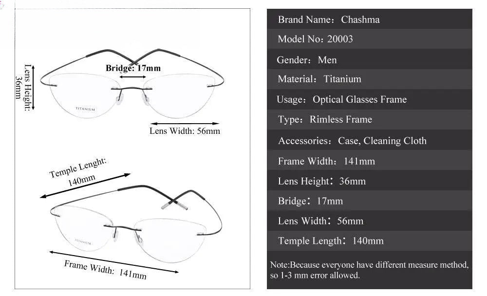 Unisex Cat Eye Rimless Titanium Prescription Glasses 20003 — view 14 | Rx Spectacle
