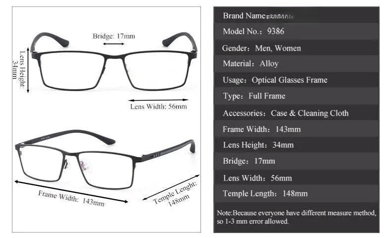 Men's Square Full Rim Alloy Prescription Glasses 9386 — view 11 | Rx Spectacle