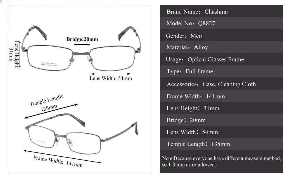 Unisex Square Full Rim Stainless Steel Prescription Glasses 8827 — view 11 | Rx Spectacle
