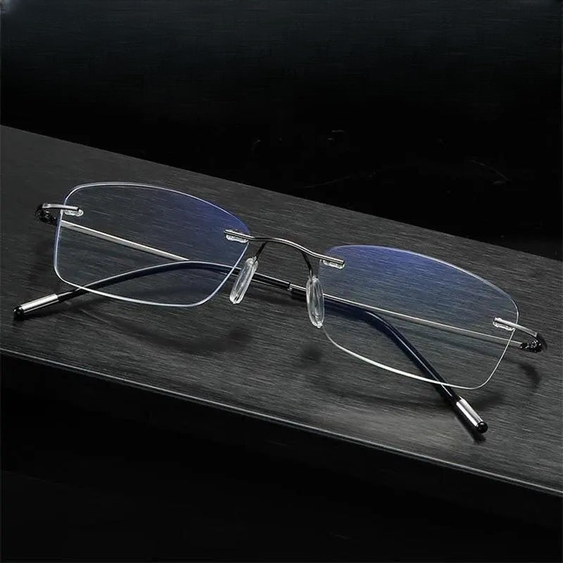 Unisex Rectangular Rimless Titanium Reading Glasses 8025 — view 1 | Rx Spectacle
