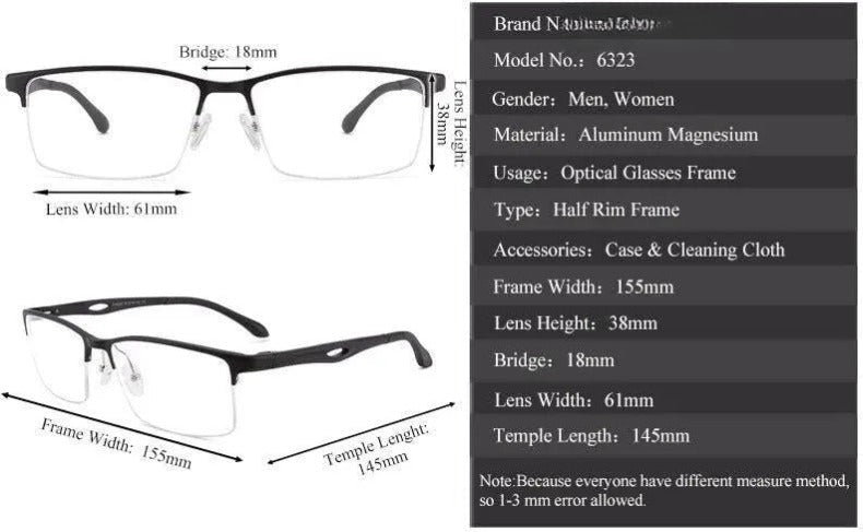 Unisex Square Semi-Rimless Aluminum Sports Glasses 6323 — view 11 | Rx Spectacle