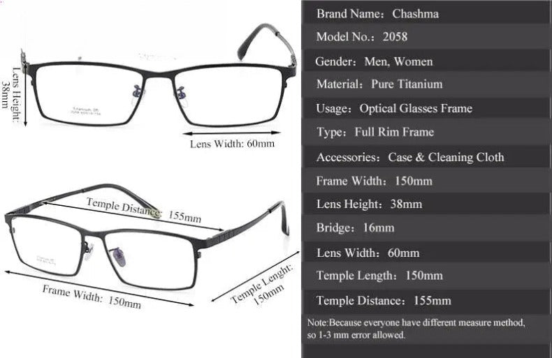 Men's Square Full Rim Titanium Prescription Glasses 2058 — view 7 | Rx Spectacle
