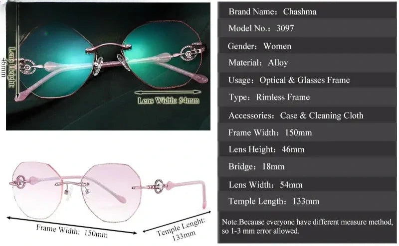 Women's Polygon Rimless Titanium Oversized Prescription Glasses 309776 — view 2 | Rx Spectacle