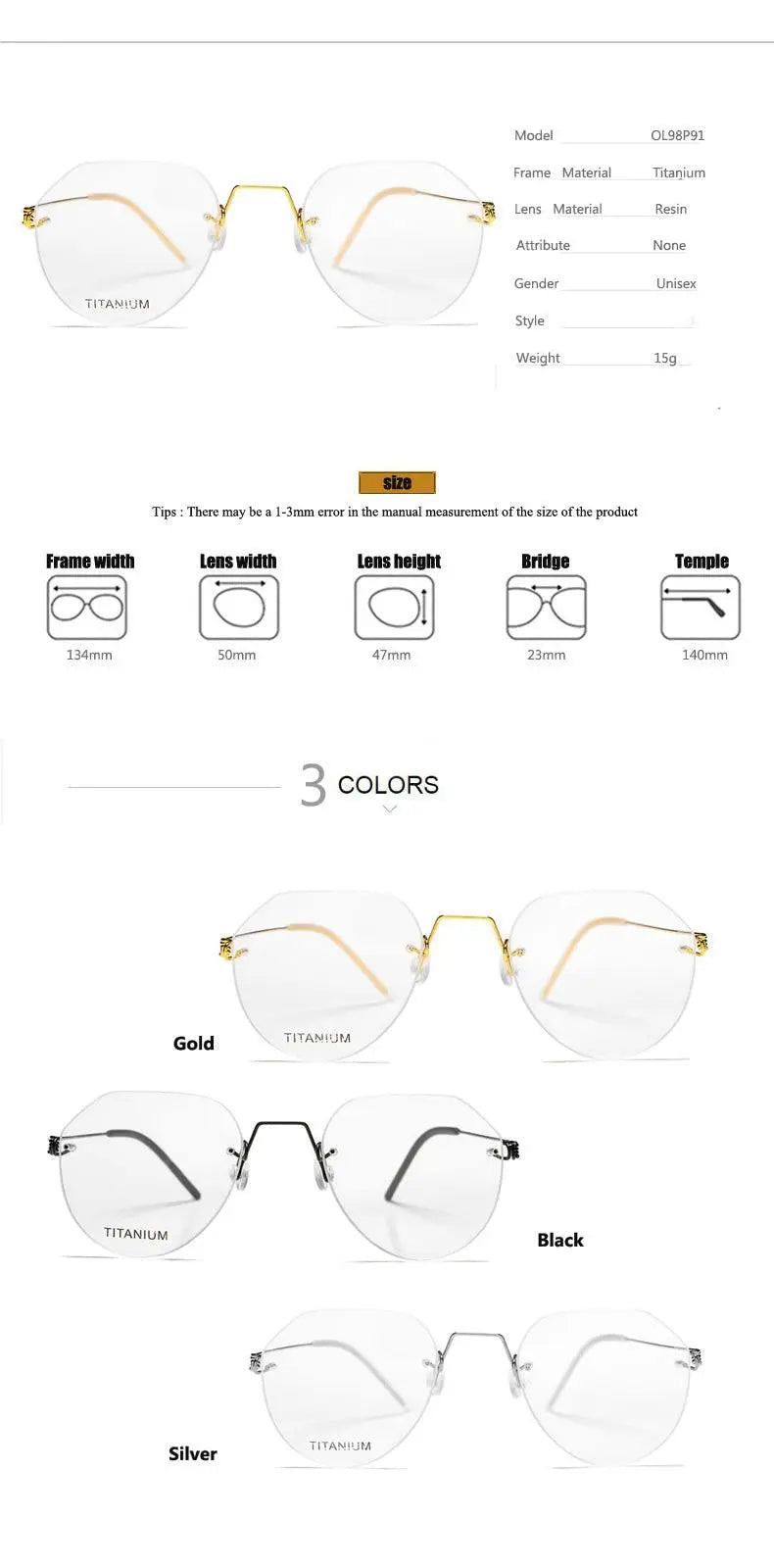 Unisex Round Rimless Titanium Screwless Prescription Glasses 9891 — view 9 | Rx Spectacle