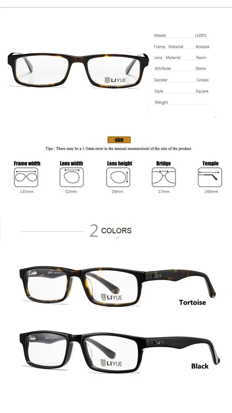 Unisex Square Full Rim Acetate Prescription Glasses Lg001 — view 9 | Rx Spectacle