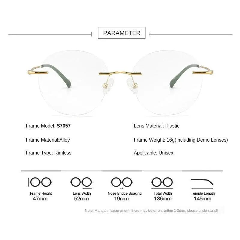 Unisex Round Rimless Titanium Prescription Glasses S7057 — view 8 | Rx Spectacle