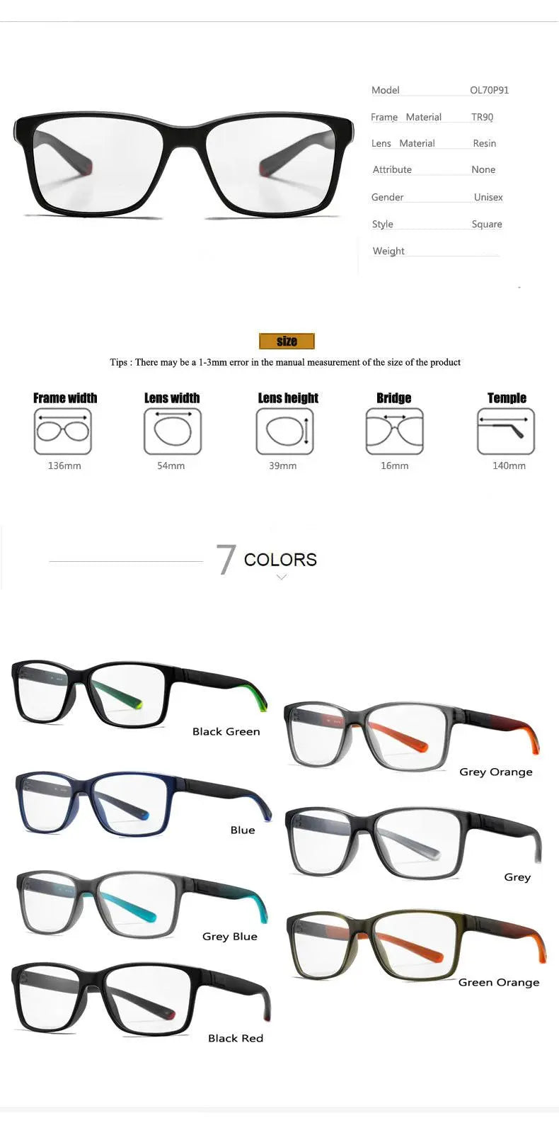 Unisex Square Full Rim Titanium Prescription Glasses 7091 — view 13 | Rx Spectacle